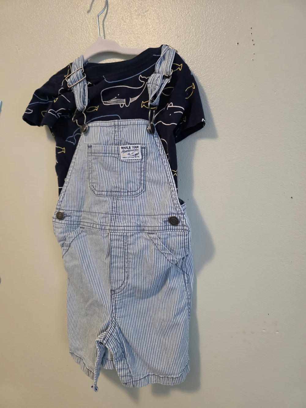Carter's Navy Whale Tee with Blue/White Pinstripe Short Overalls